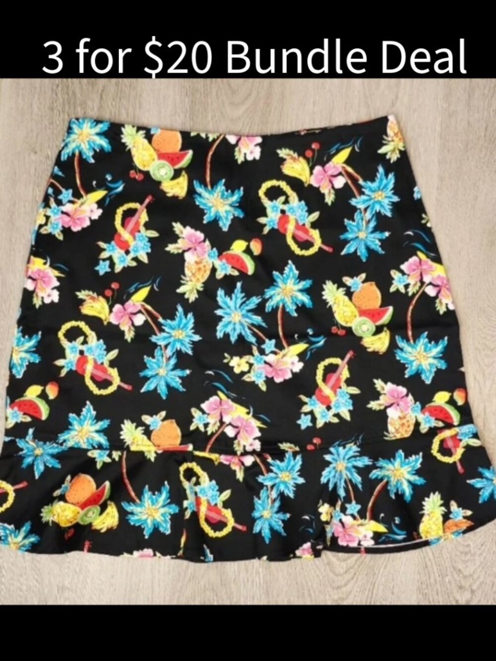 Bamboo Traders Tropical Peplum Skirt 12 Black Floral Beach Vacation Cruise